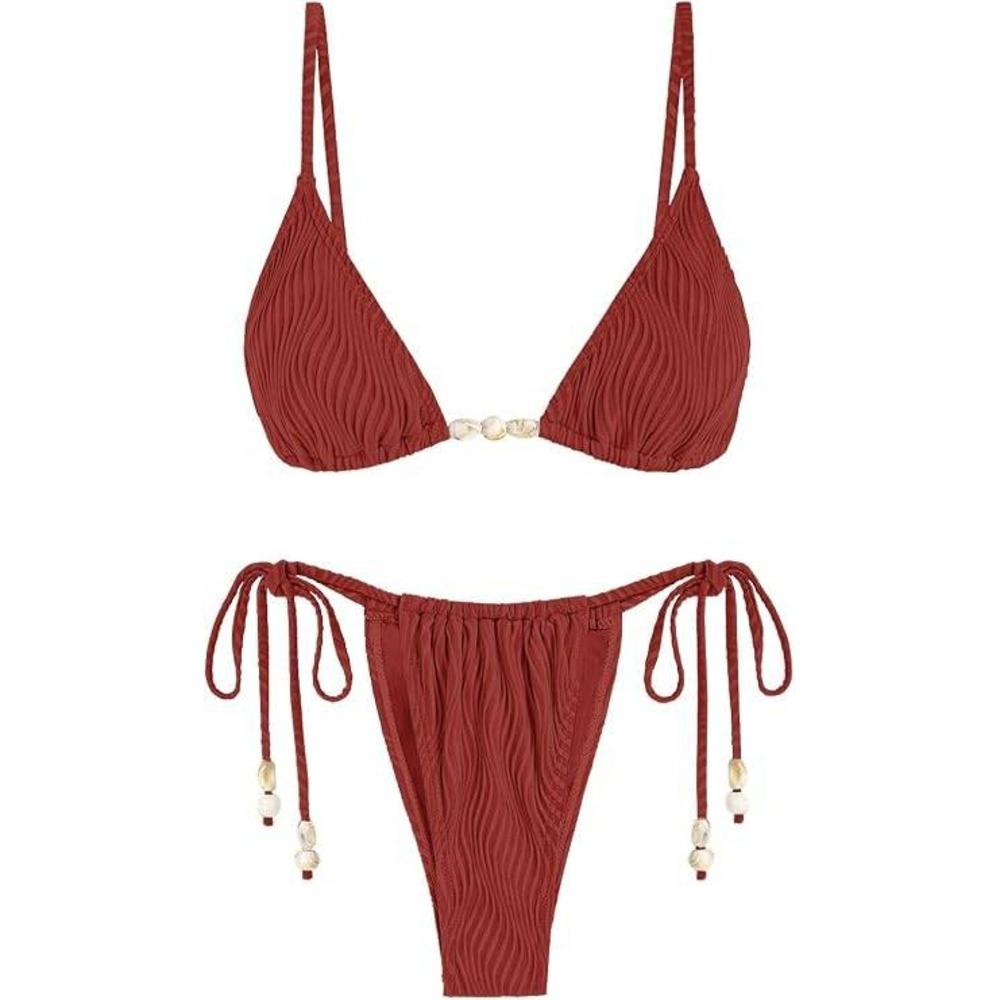 Seamoly Women Ribbed Triangle Bikini Set Tie Side Thong Rust Red Size M New